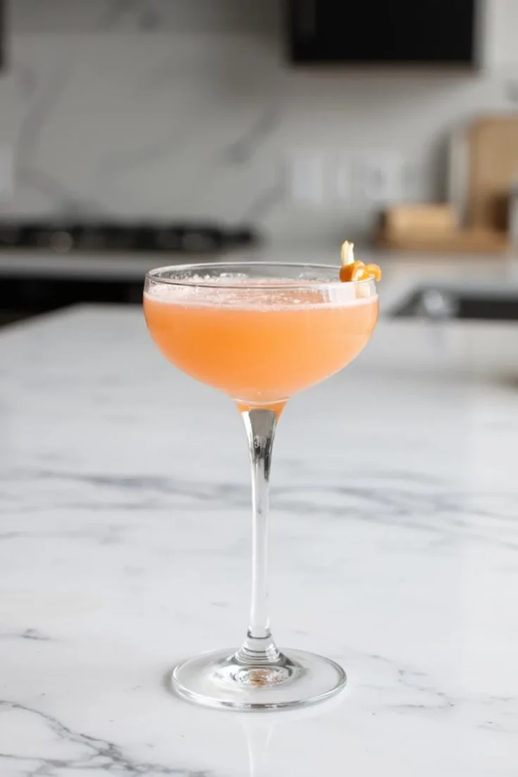 Elegant peach cocktail in a coupe glass on a marble countertop, garnished with citrus twist.