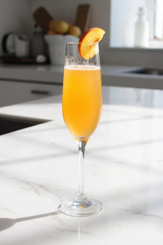 Champagne flute with peach Bellini cocktail on marble counter, garnished with fresh peach slice.