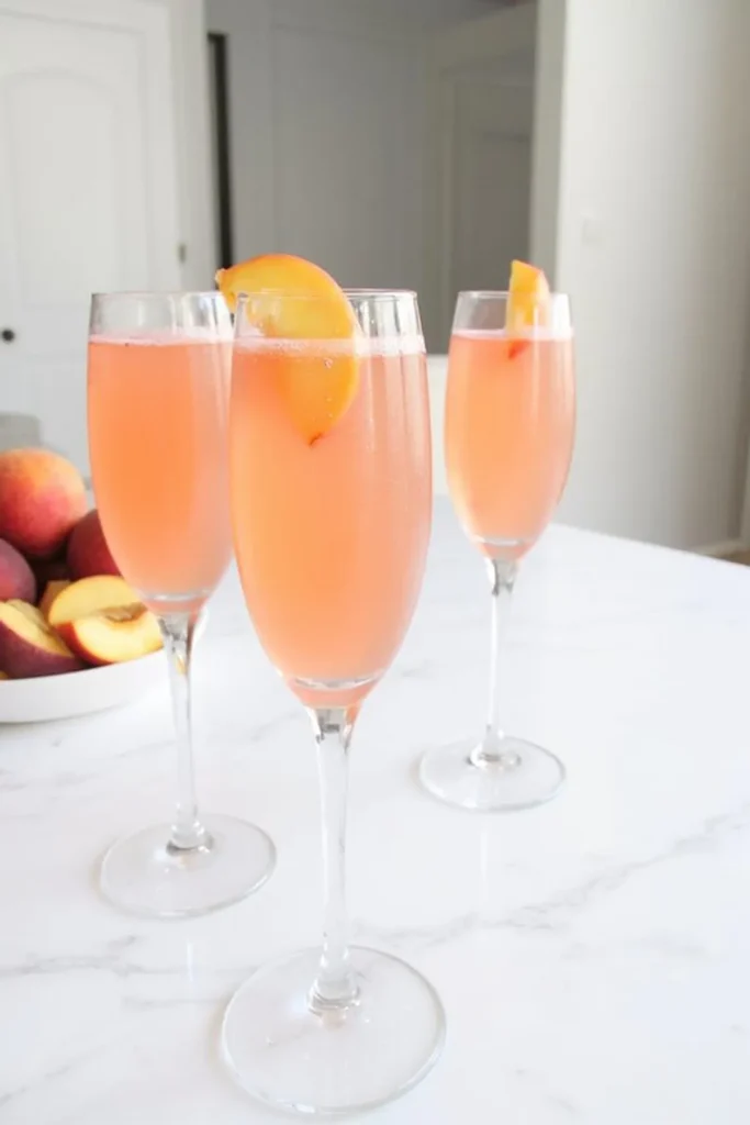 Three peach bellini cocktails with peach slices in champagne flutes on a marble table.