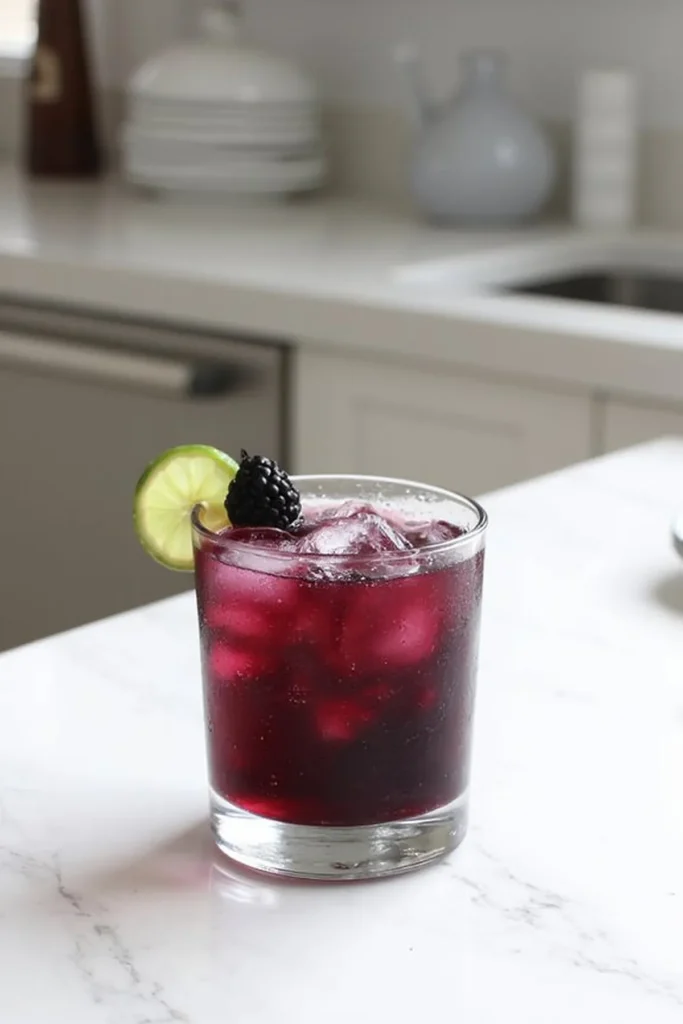 Chilled berry cocktail with lime garnish on a marble countertop, perfect summer refreshment.