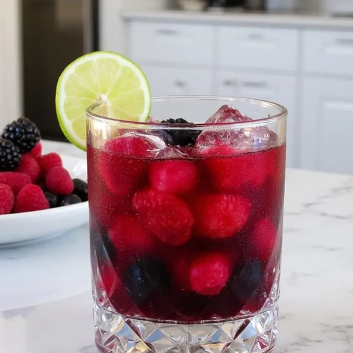 Chilled berry cocktail with ice, fresh raspberries, and blackberries garnished with a lime wedge on marble counter.