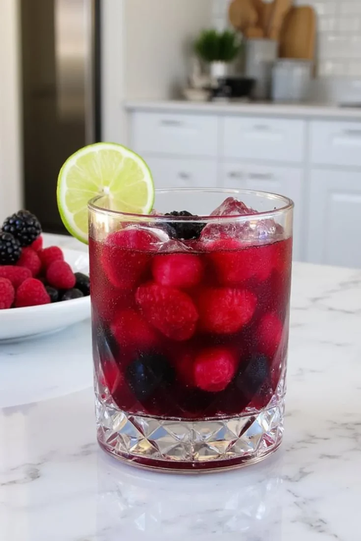 Chilled berry cocktail with ice, fresh raspberries, and blackberries garnished with a lime wedge on marble counter.