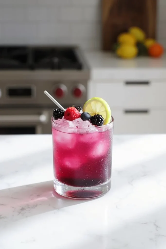 Refreshing berry cocktail with ice and lemon slice in a kitchen setting. Perfect summer drink idea.