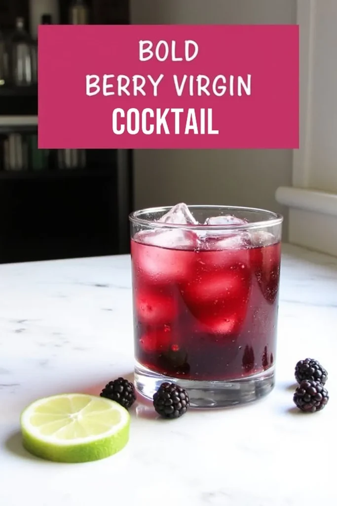 Bold Berry Virgin Cocktail with lime slice and blackberries on a marble table. Refreshing and colorful drink option.
