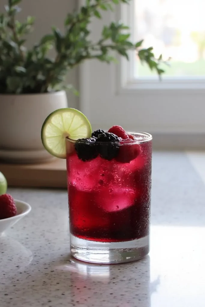 Chilled berry cocktail with lime slice garnish, placed on a light countertop near a window with green plant decor.