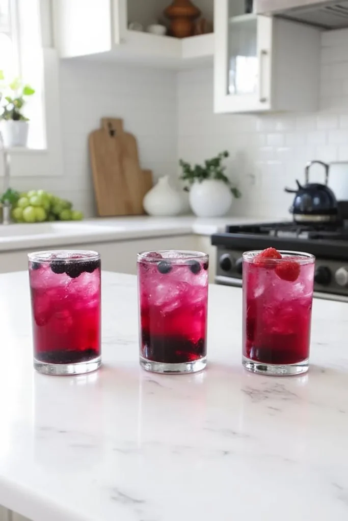 Three berry-infused iced drinks on a marble countertop in a bright kitchen setting.