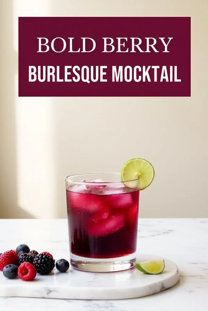 Bold Berry Burlesque Mocktail with lime and berries on marble surface. Refreshing, fruity non-alcoholic drink.
