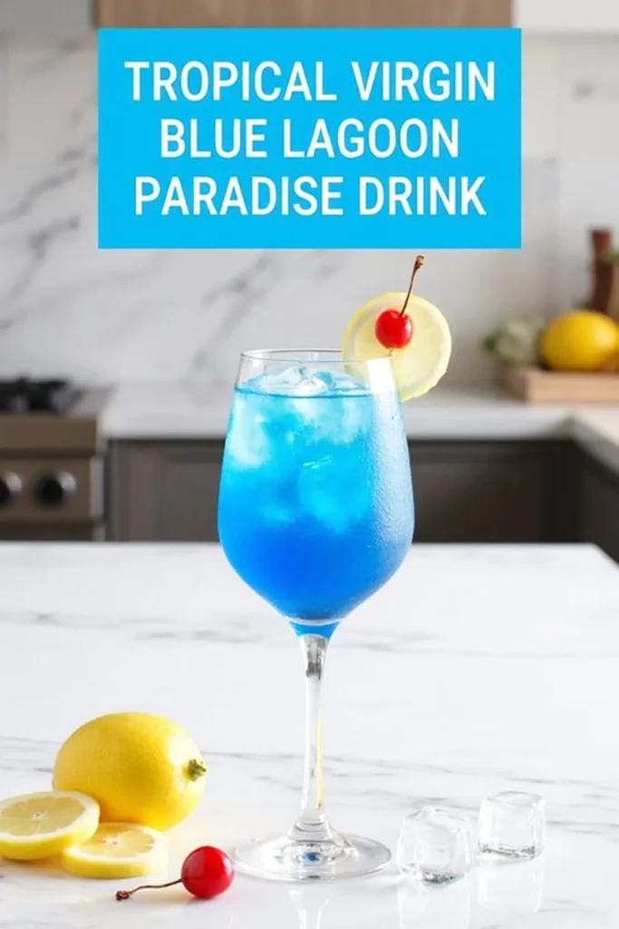 Tropical Virgin Blue Lagoon Mocktail Drink garnished with lemon and cherry on a marble counter.