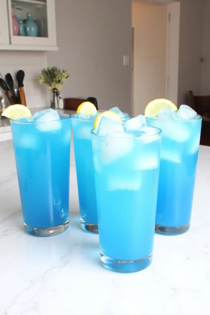 Four refreshing blue cocktails with ice and lemon slices on a white countertop.