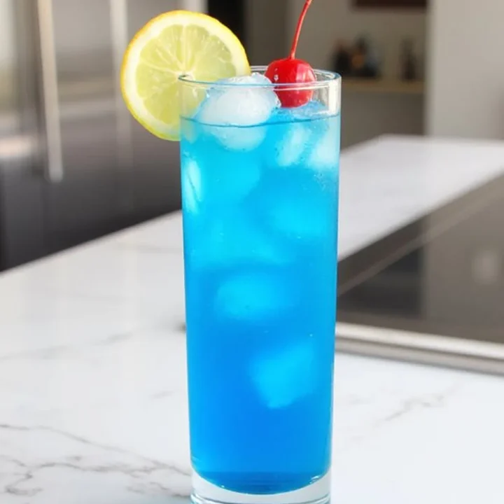 Blue cocktail with ice, lemon slice, and cherry garnish on a marble countertop. Refreshing drink in tall glass.