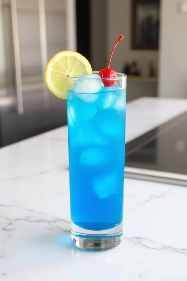 Blue cocktail with ice, lemon slice, and cherry garnish on a marble countertop. Refreshing drink in tall glass.