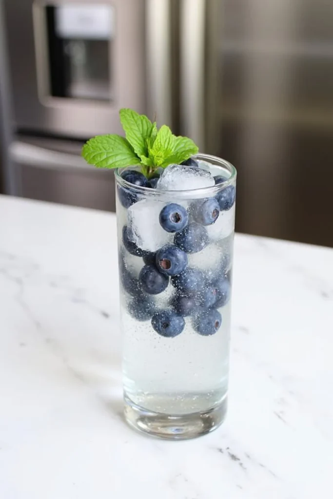 Chilled blueberry water with ice and mint garnish in a glass, placed on a marble countertop.