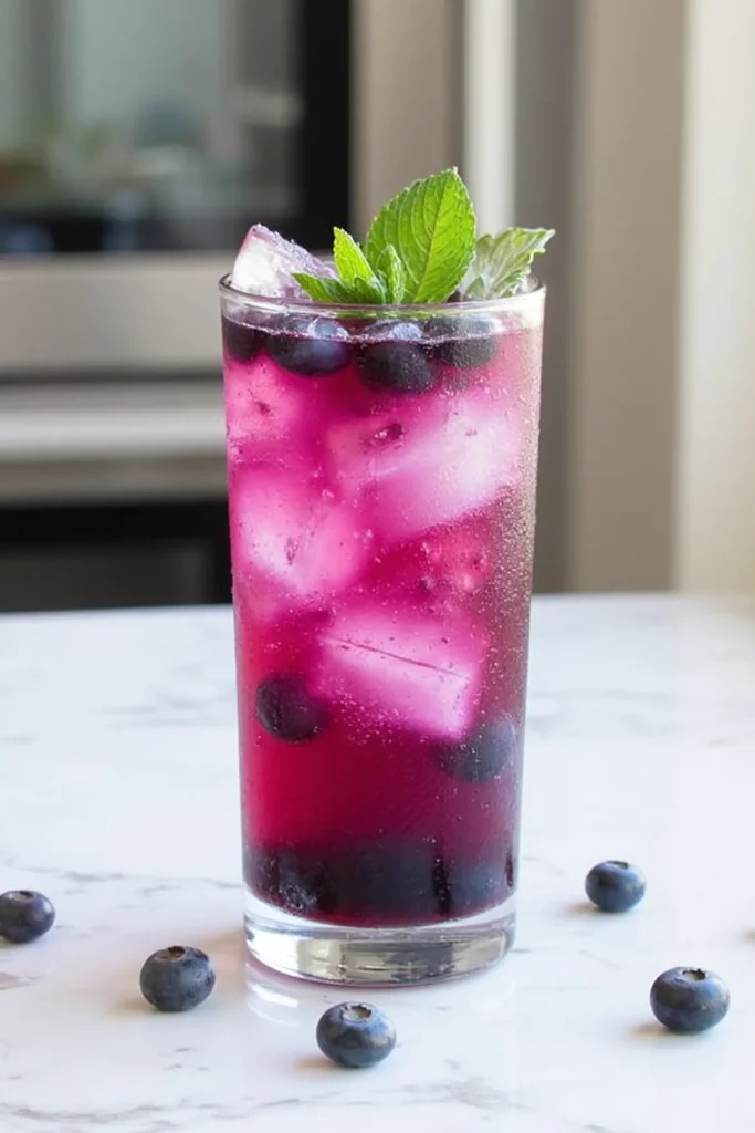 Chilled blueberry lemonade with ice cubes and fresh mint in a glass on a marble countertop.