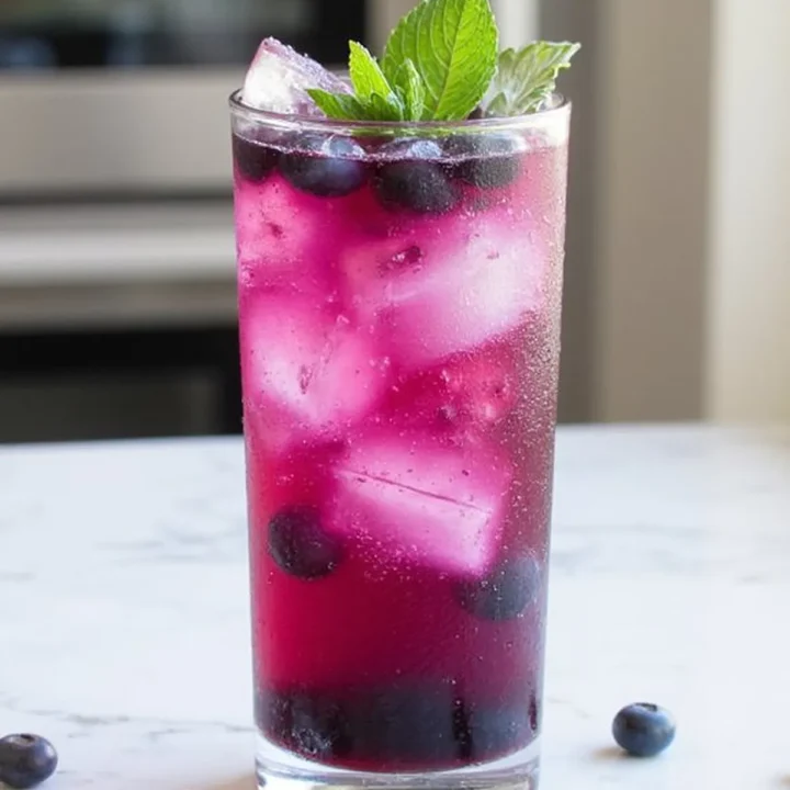 Chilled blueberry lemonade with ice cubes and fresh mint in a glass on a marble countertop.