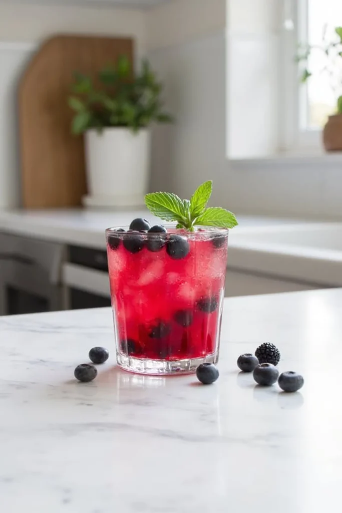 Refreshing berry cocktail with mint garnish on a marble countertop in a modern kitchen.