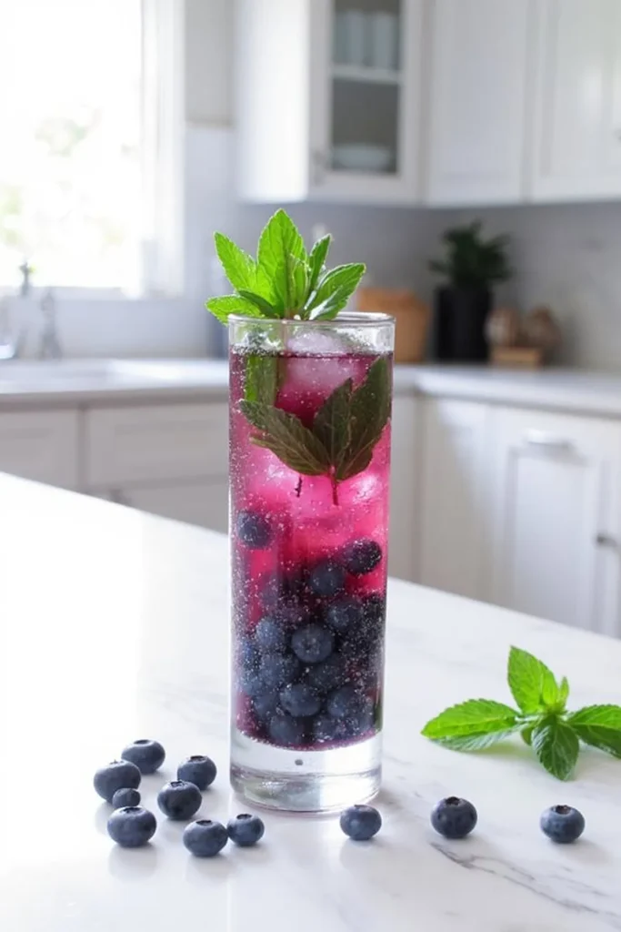 Refreshing blueberry and mint iced drink in a glass on a white kitchen counter.