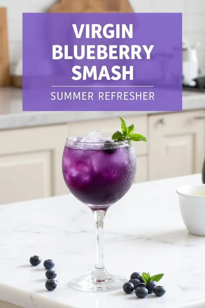 Virgin Blueberry Smash drink with mint garnish on marble countertop, surrounded by fresh blueberries, summer refresher.