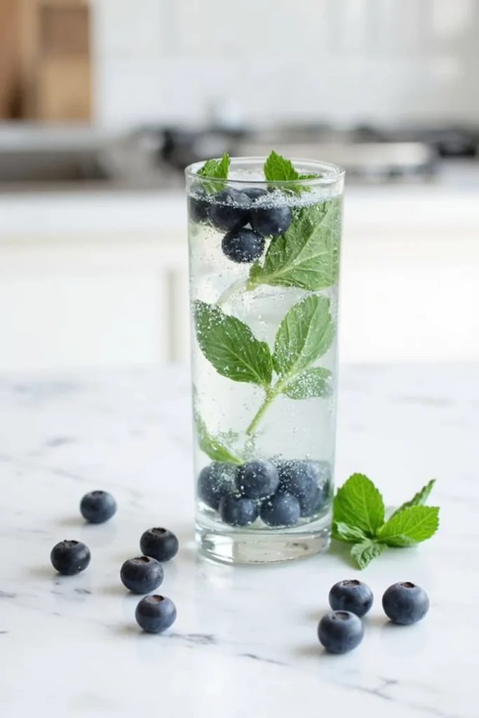 Refreshing mint and blueberry infused sparkling water in a clear glass on a marble surface.
