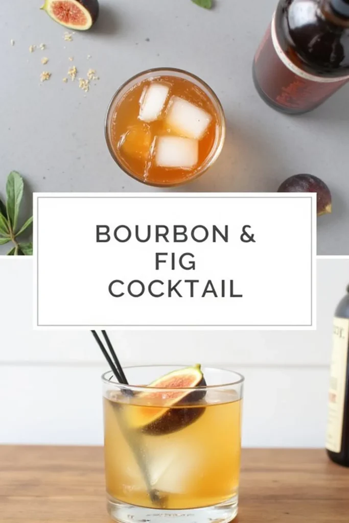 Bourbon and fig cocktail with ice, garnished with fresh fig slice, served on a wooden table.