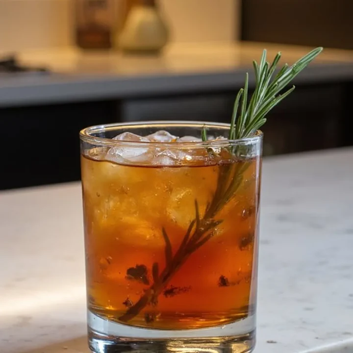 Glass of iced rosemary-infused cocktail on a marble countertop in a cozy kitchen setting.
