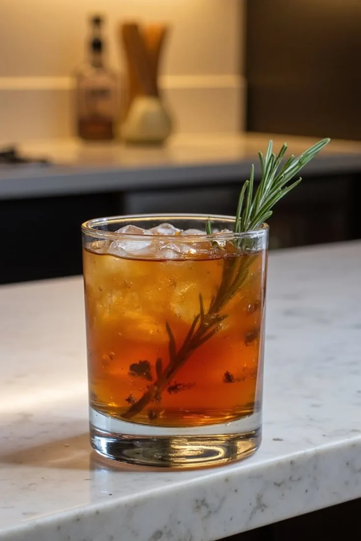 Glass of iced rosemary-infused cocktail on a marble countertop in a cozy kitchen setting.