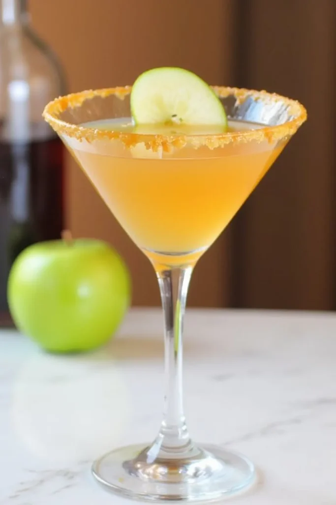 A refreshing apple martini with a caramel sugar rim and apple slice garnish on a marble counter.