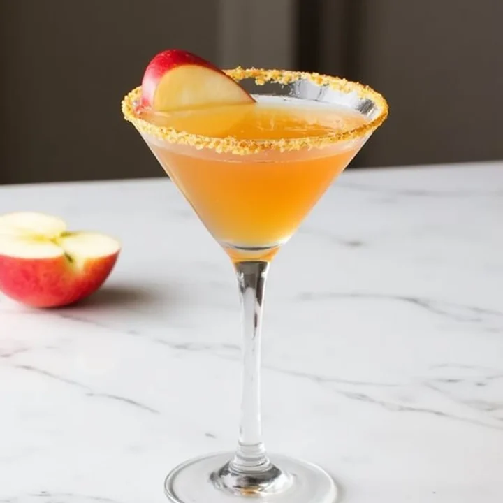 Apple martini on a marble table, garnished with apple slice and sugar rim, with fresh apple in background.