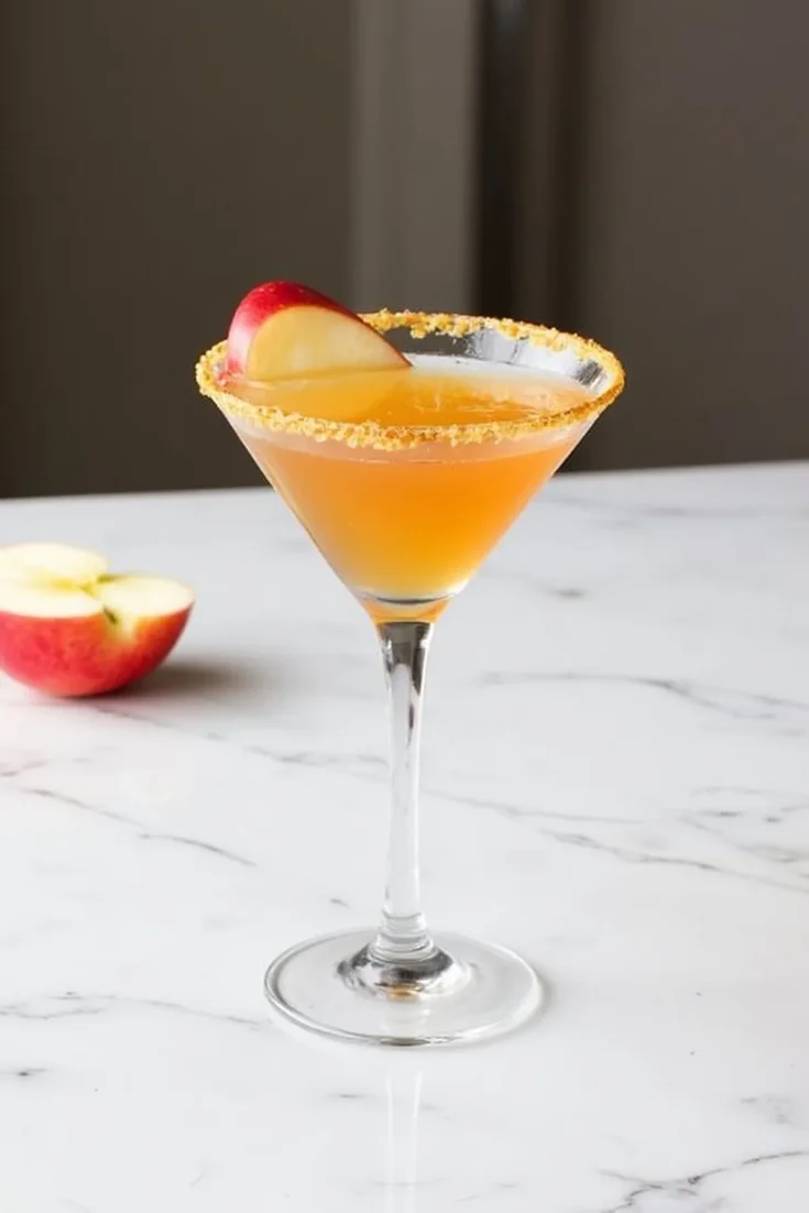 Apple martini on a marble table, garnished with apple slice and sugar rim, with fresh apple in background.