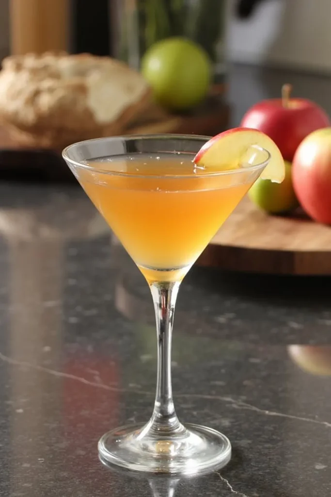 Refreshing apple martini cocktail garnished with a slice, surrounded by fresh apples on a dark countertop.