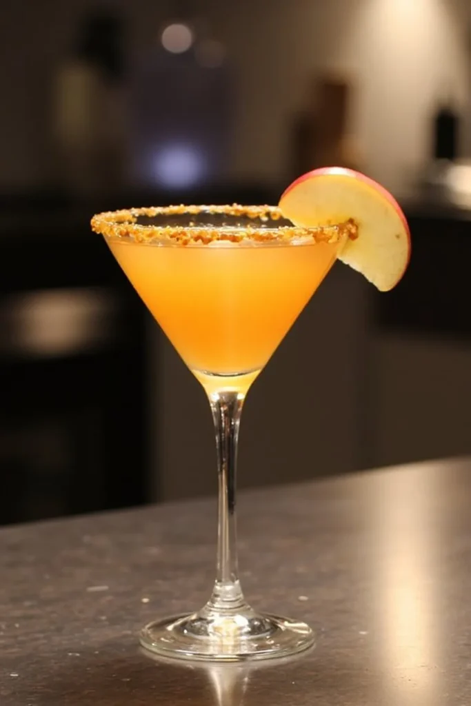 Orange cocktail in a martini glass with apple slice garnish on a dimly lit bar counter.