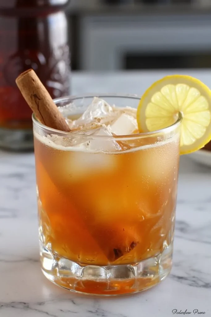 Chilled iced cocktail with cinnamon stick and lemon slice garnished on a marble surface.
