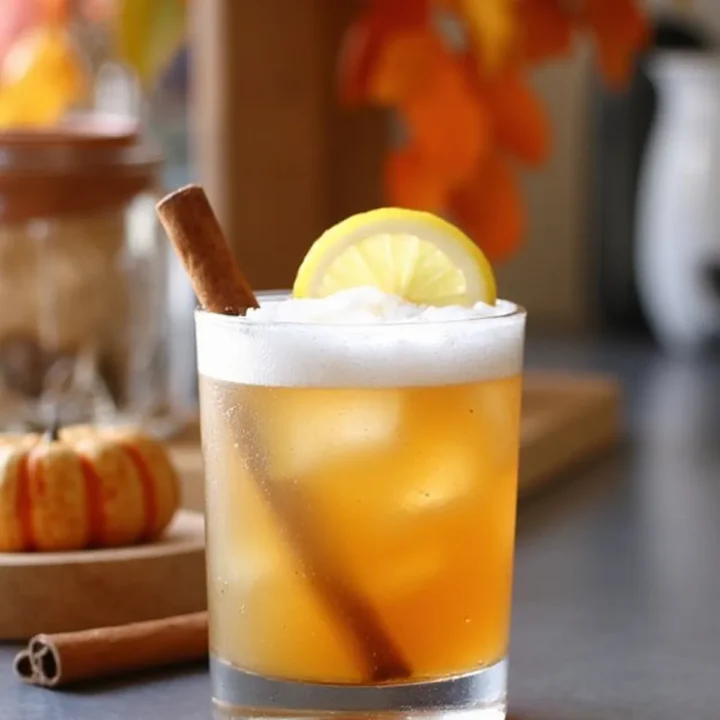 Refreshing autumn cocktail with lemon slice and cinnamon stick, perfect for fall gatherings.