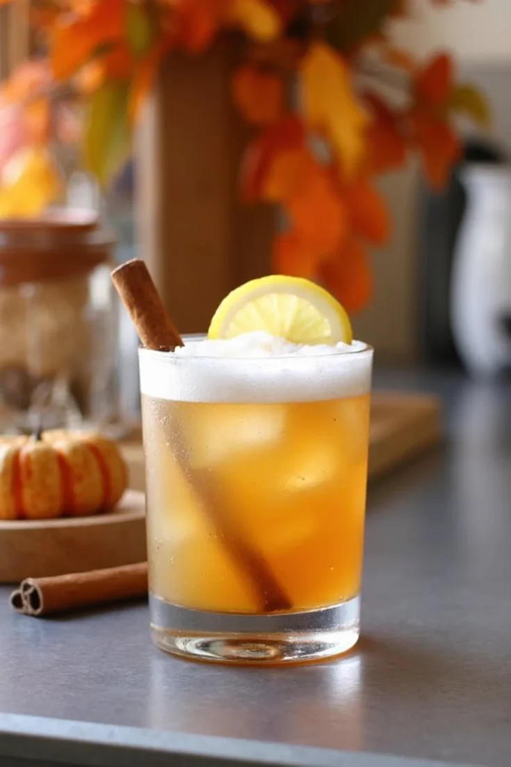Refreshing autumn cocktail with lemon slice and cinnamon stick, perfect for fall gatherings.