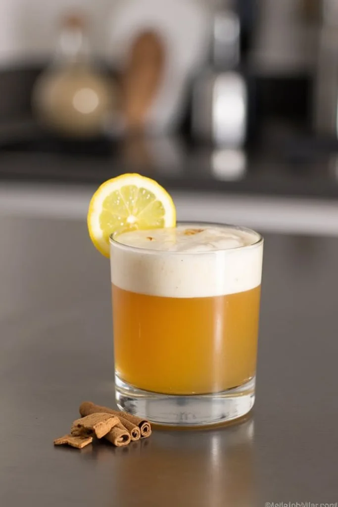 Whiskey sour cocktail with frothy top, garnished with lemon slice and cinnamon sticks on a sleek kitchen counter.