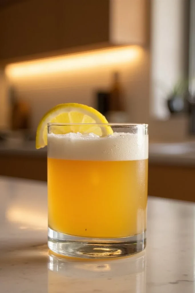 Refreshing whiskey sour cocktail with lemon garnish on a marble countertop in warm kitchen lighting.