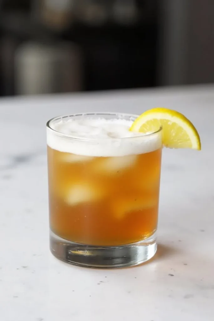 Refreshing whiskey sour cocktail with a lemon wedge garnish, served on a marble surface.