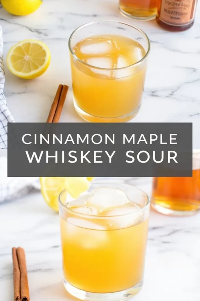 Cinnamon Maple Whiskey Sour cocktail in a glass with ice, garnished with cinnamon sticks and lemon slice on marble.