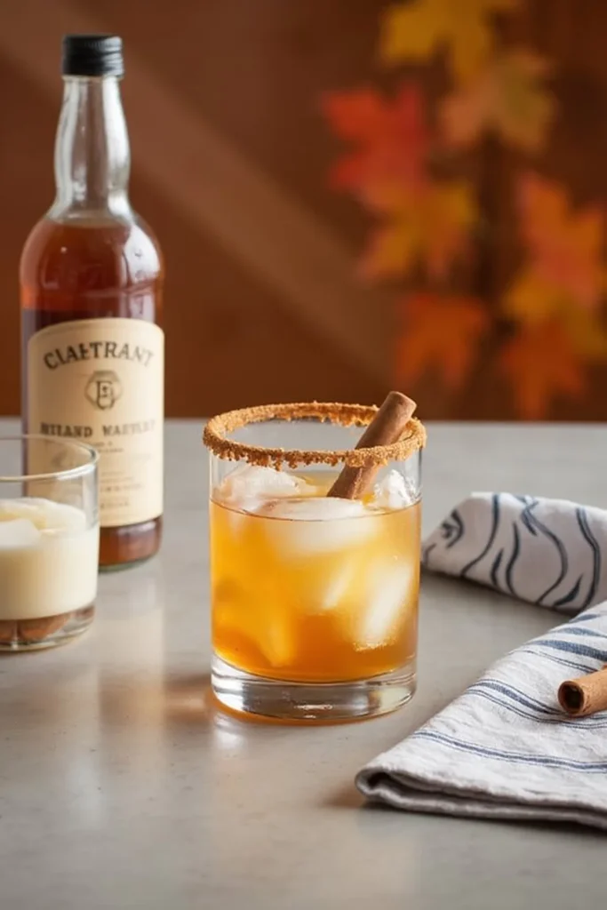 Spiced autumn cocktail with cinnamon stick and sugared rim, set with a whiskey bottle and fall foliage backdrop.