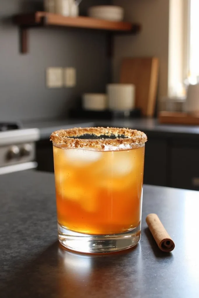 Iced cinnamon cocktail with a brown sugar rim on a kitchen counter next to a cinnamon stick.