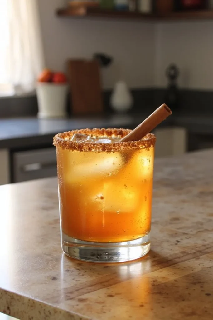 Iced orange cocktail with a cinnamon stick and spiced rim on a marble counter in a cozy kitchen setting.