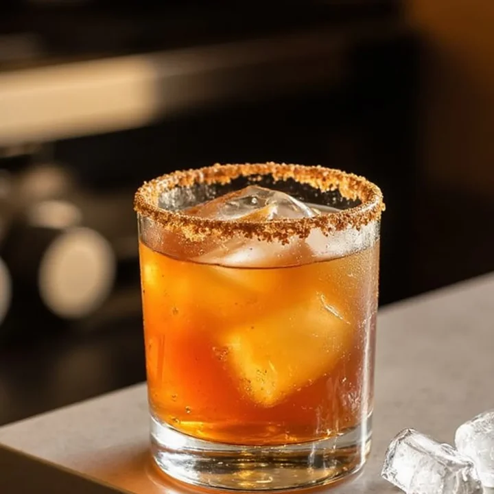 Cold whiskey cocktail with an ice-cube and brown sugar rim, placed on a countertop.