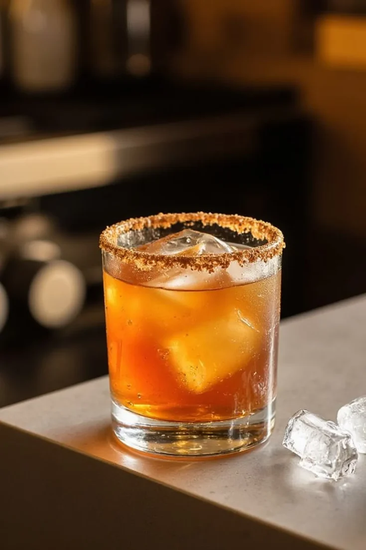 Cold whiskey cocktail with an ice-cube and brown sugar rim, placed on a countertop.