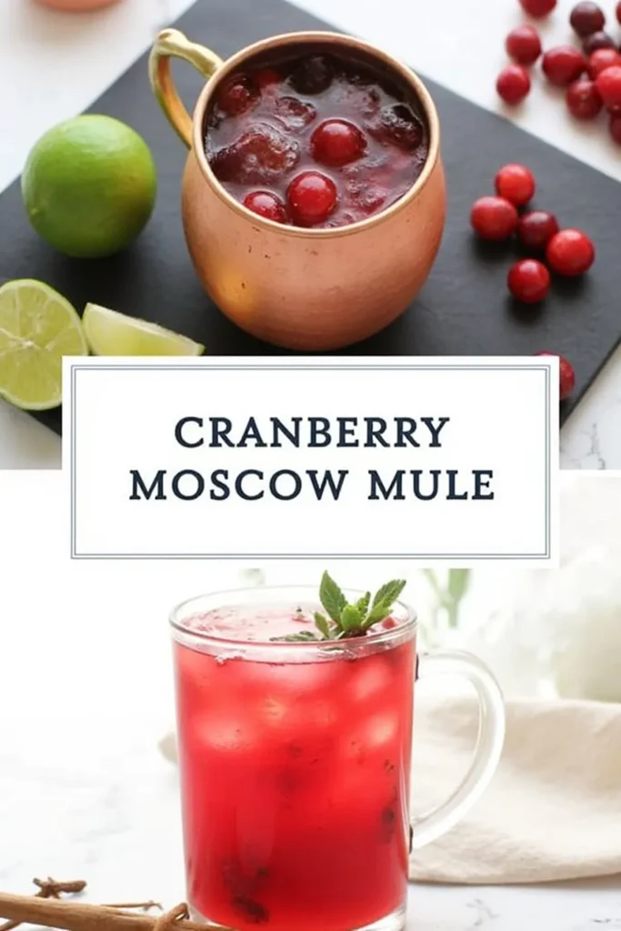 Cranberry Moscow Mule with lime and fresh cranberries, served in a copper mug and glass, perfect for a festive drink.