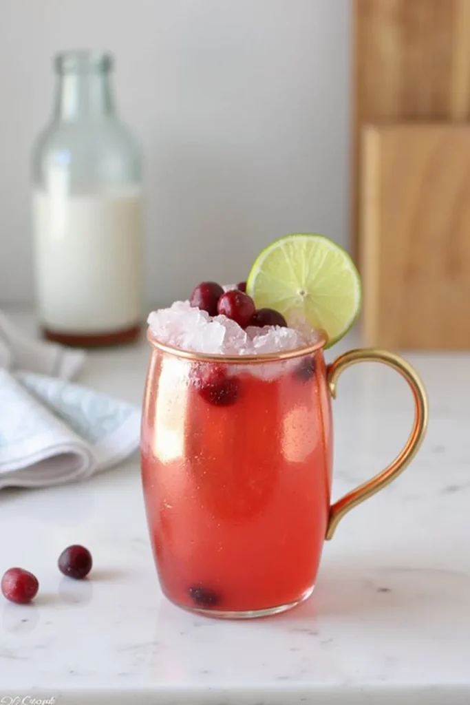 Cranberry cocktail in copper mug with lime slice and ice, garnished with cranberries on a marble counter.