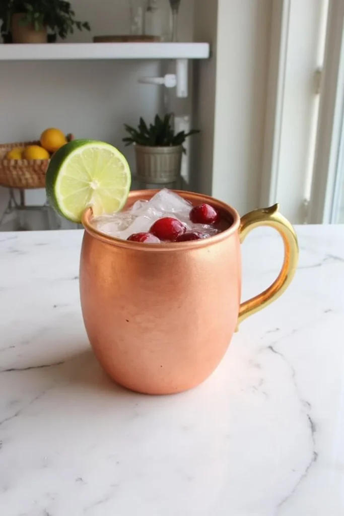 Copper mug with iced drink, garnished with cranberries and a lime slice on a marble counter. Cozy kitchen background.