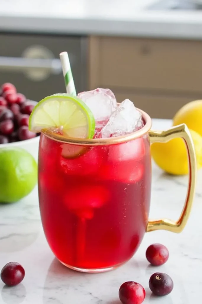 Red cranberry cocktail in a gold mug with lime slice, ice cubes, and straw on a marble counter with fruit.