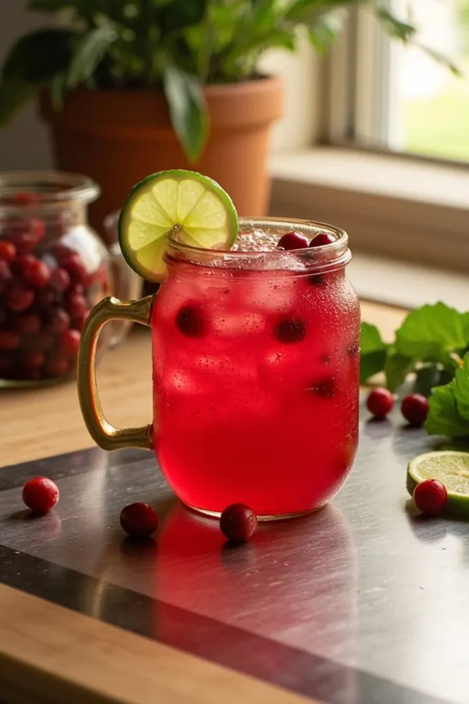 Refreshing cranberry lime beverage in a mason jar, garnished with fresh cranberries and lime slice on wooden table.