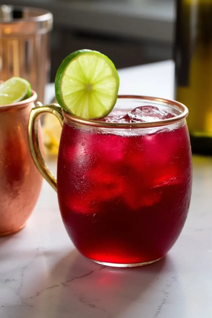 Red cocktail with lime garnish in a brass mug on a marble counter. Refreshing drink perfect for a hot day.