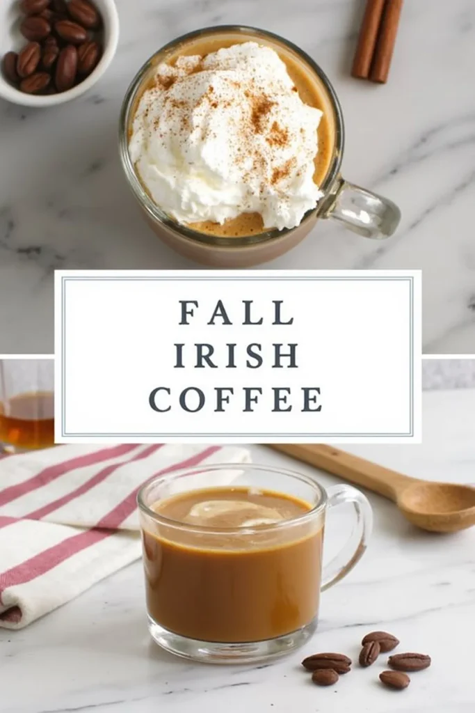 Fall Irish coffee topped with whipped cream and cinnamon, perfect autumn beverage on a marble counter.