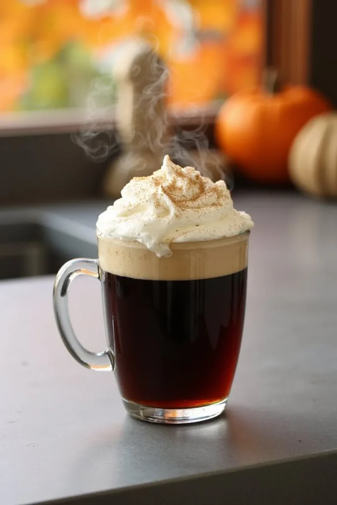 Glass mug of hot coffee topped with whipped cream, steam rising, autumn pumpkins in the blurred background.